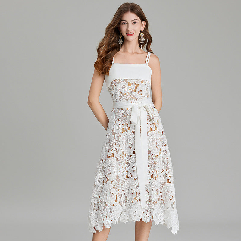 Crocheted Hollow Embroidery Stitching Lace-up Waist-controlled Slimming Dress