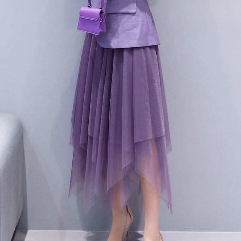Solid Color Irregular Mesh Skirt High Waist A- Line Skirt