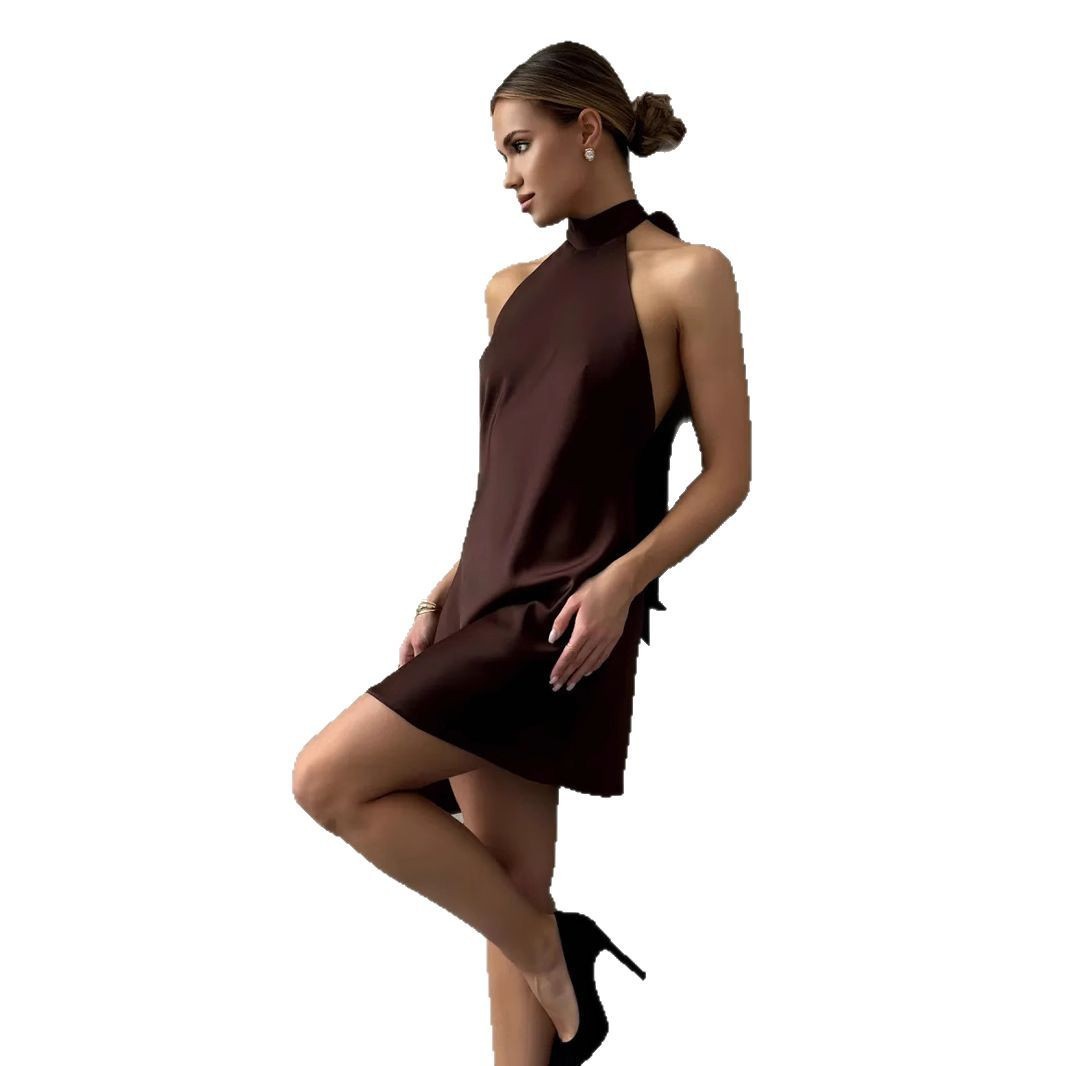Women's Sleeveless Dress Satin Halter Mid-length