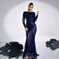 Long Sleeve Temperament Crew Neck Long Sequined Banquet Evening Dress