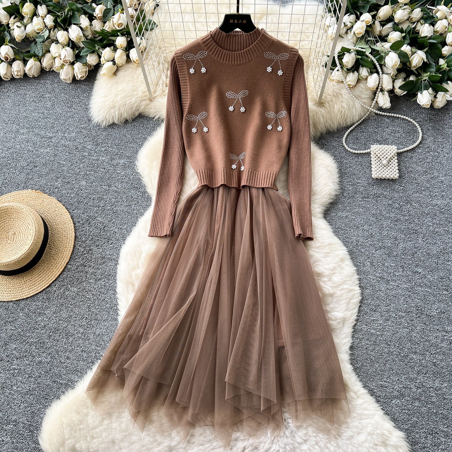 Cherry Vest Long-Sleeve Knitted Patchwork Mesh Dress