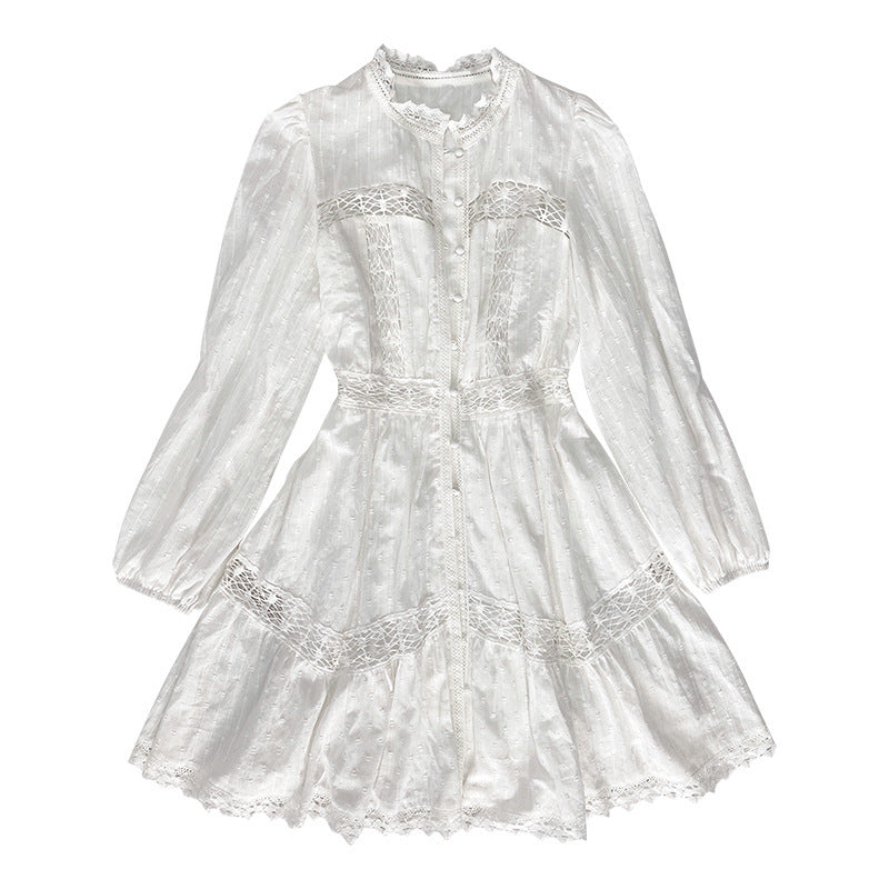 Robe blanche française à manches longues pour femme, style vacances