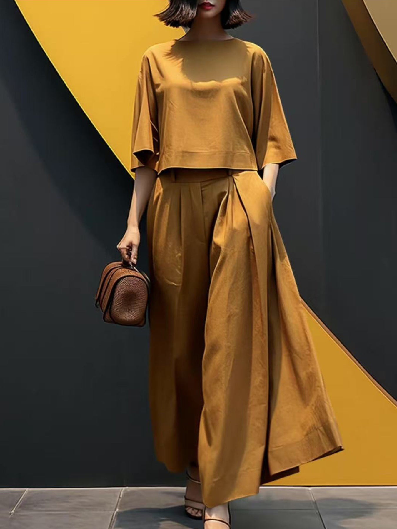 European And American Fashion Suit Solid Color Short Sleeve Loose Trousers Two-piece Set