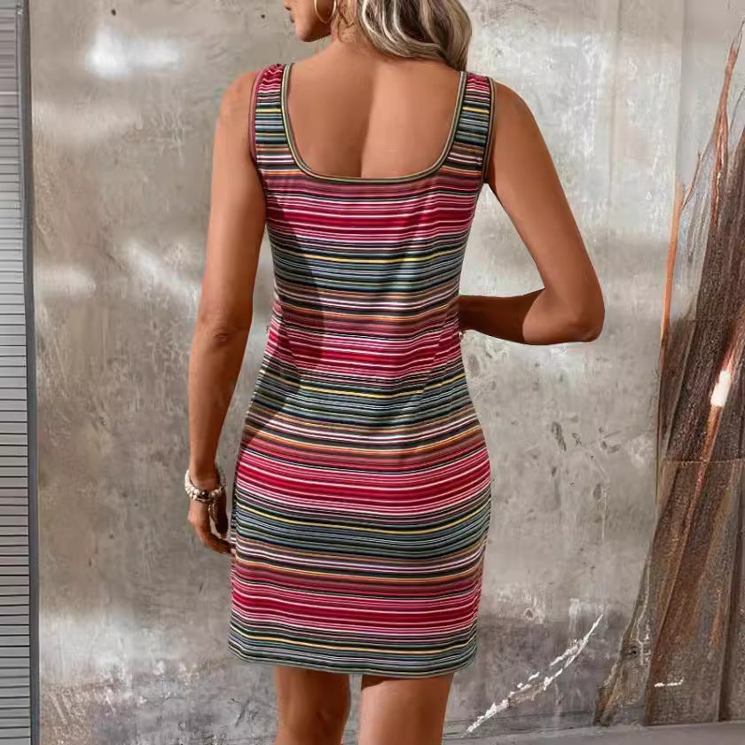 Robe rayée à col rond pour femmes européennes et américaines