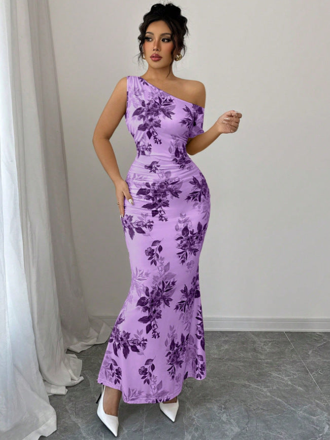 New Arrival Printed Off-shoulder High-waist Sheath Dress