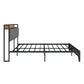 Full Size Bed Frame With Charging Station, Upholstered Headboard, Metal Platform, Grey