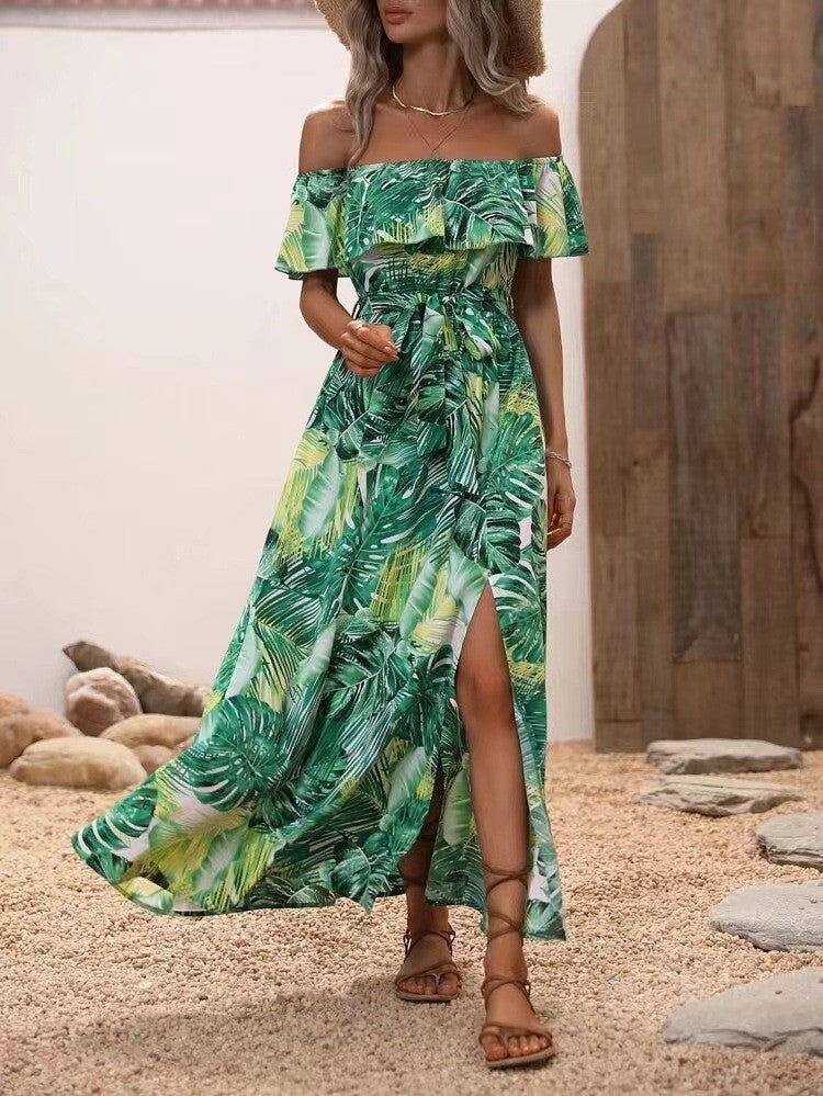 Women's Off-neck Ruffled Tied Waist Dress