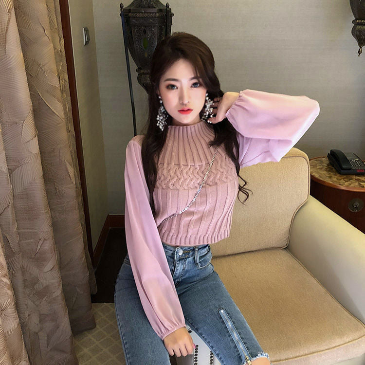 Round Neck Lantern Sleeve Chiffon Patchwork Sweater