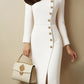 Fall Fashion Long Sleeve Stand-up Collar Slim Fit Metal Button Split Dress