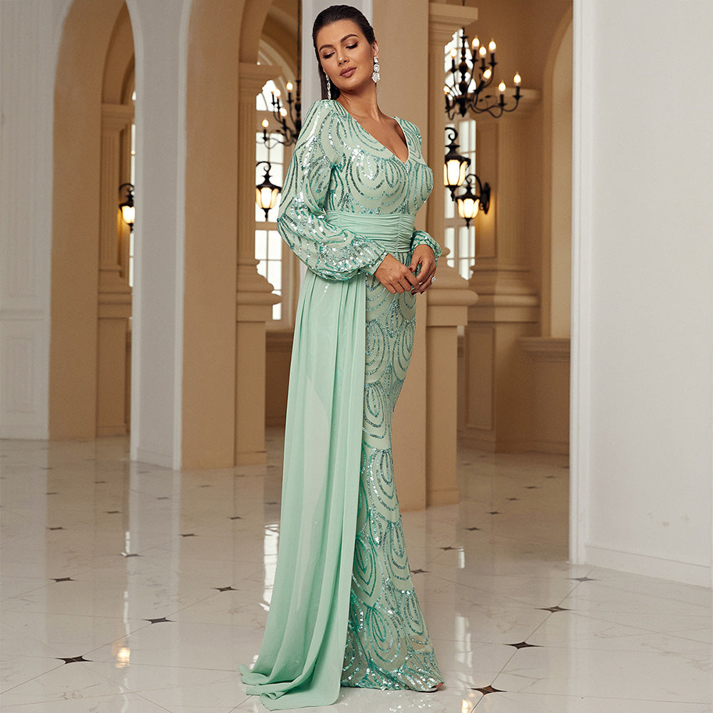 Long Sleeve Long Sequined V-neck Banquet Ribbon Evening Dress