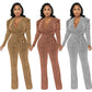 Waist Trimming V-neck Puff Sleeve Glossy Knitted Jumpsuit