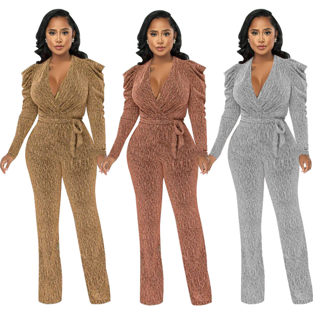 Waist Trimming V-neck Puff Sleeve Glossy Knitted Jumpsuit