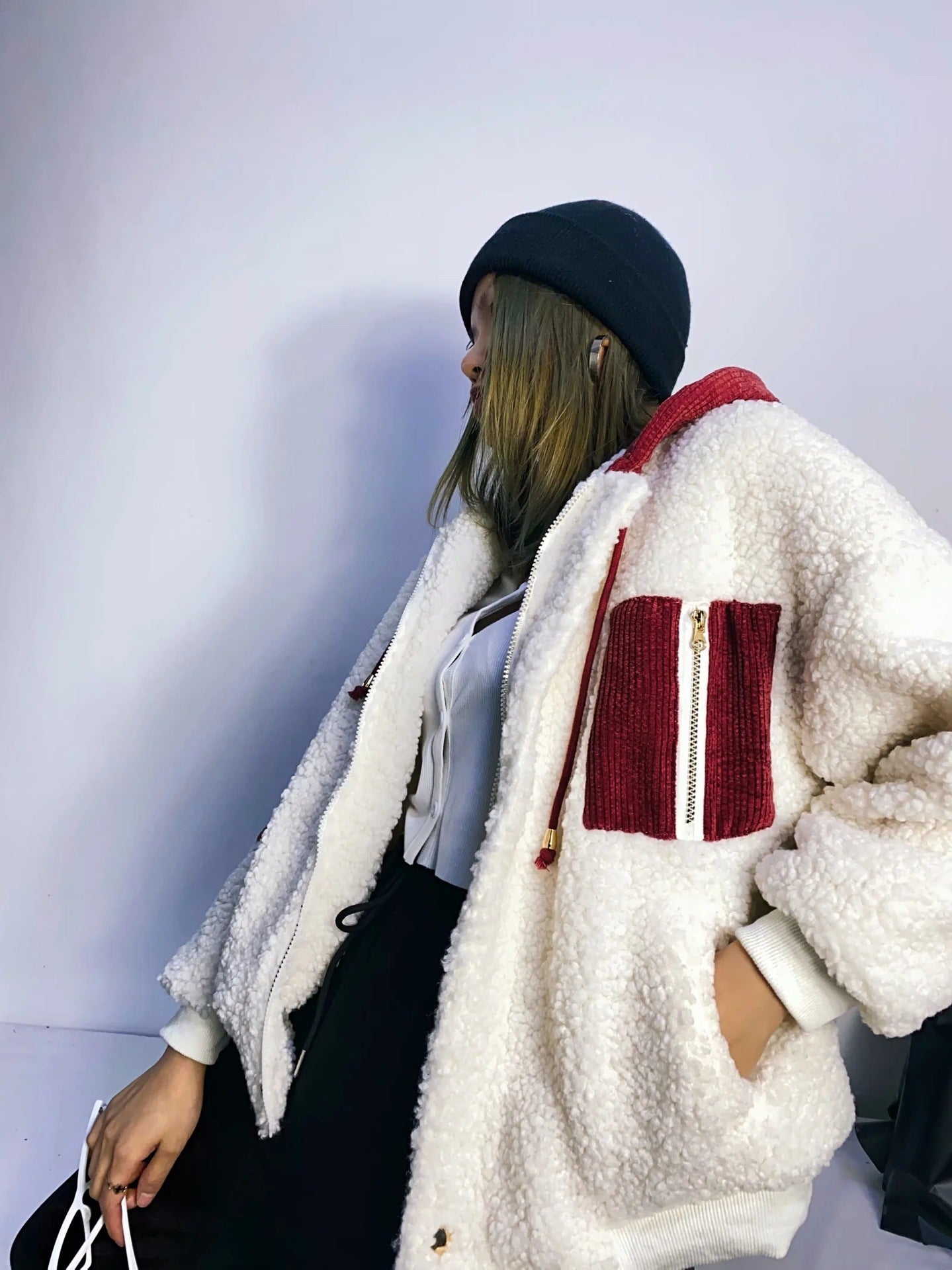 Lamb wool hooded color-blocking thick warm cotton coat
