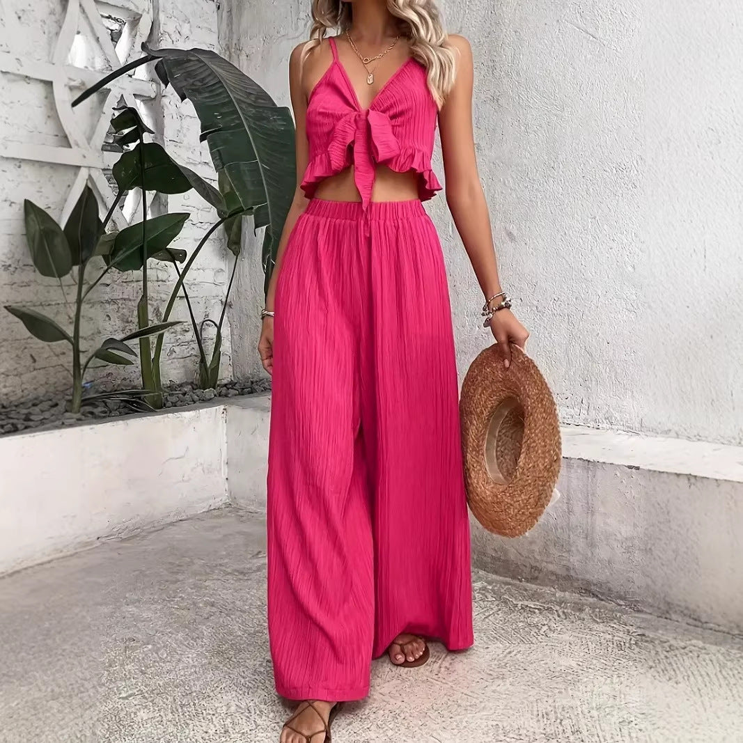 Elegant Solid-color Two-piece Set A V-neck Slip Top With Tie Details And Wide-leg Trousers