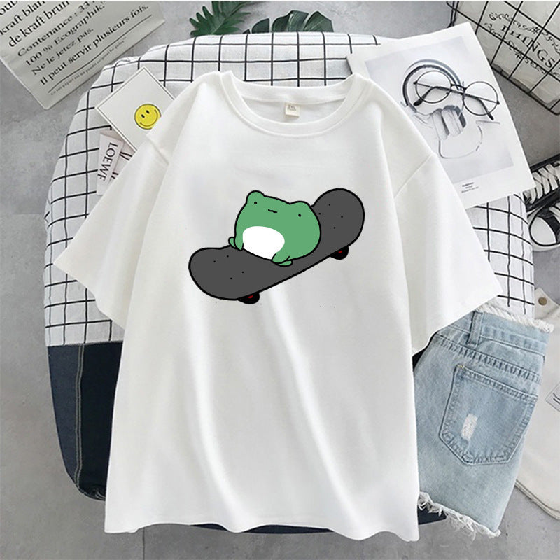 T-shirt col rond à manches courtes et col rond pour femme, vêtement simple et mignon, style grenouille, haut ample et amincissant, été