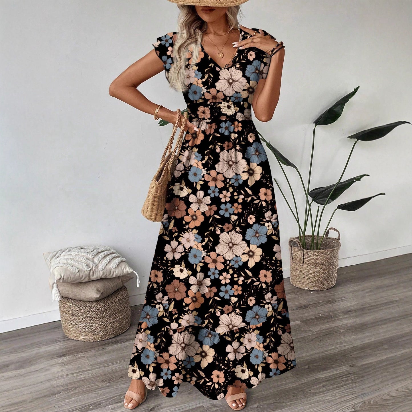 Printed V-neck Flared Sleeve Long Dress