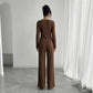 Womens Solid-Color V-Neck Cross-Over Long-Sleeve T-Shirt And Pants Set