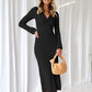 Robe longue en tricot à col en V et manches longues pour femme