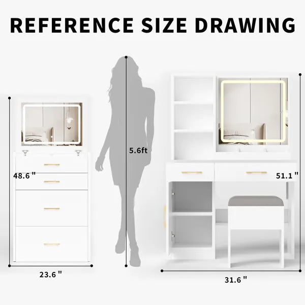 Makeup Vanity Desk With Mirror And Lights, White Vanity Table With Power Outlet And 3 Lighting Modes, Dressing Table Set With Cabinet Drawers Shelves And Storage Stool For Bedroom