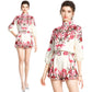 Balloon Sleeve Turtleneck Vintage Print Shirt Loose Shorts Set