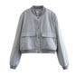Veste courte décontractée à simple boutonnage et col montant avec poches, vêtement d'extérieur à manches longues et tendance pour femme