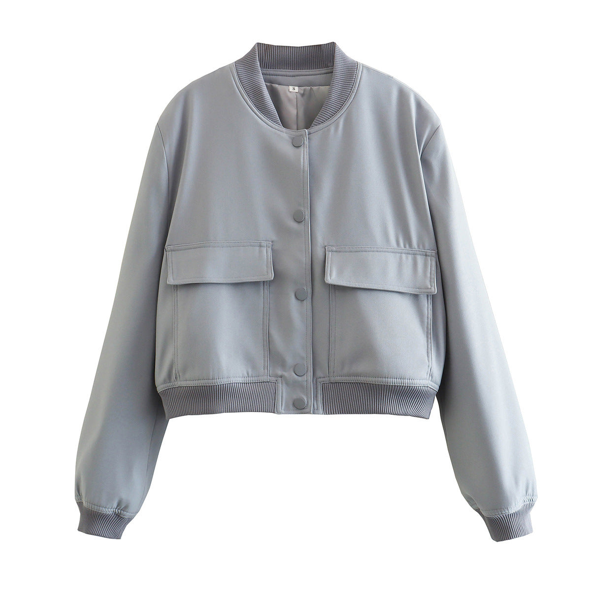 Veste courte décontractée à simple boutonnage et col montant avec poches, vêtement d'extérieur à manches longues et tendance pour femme