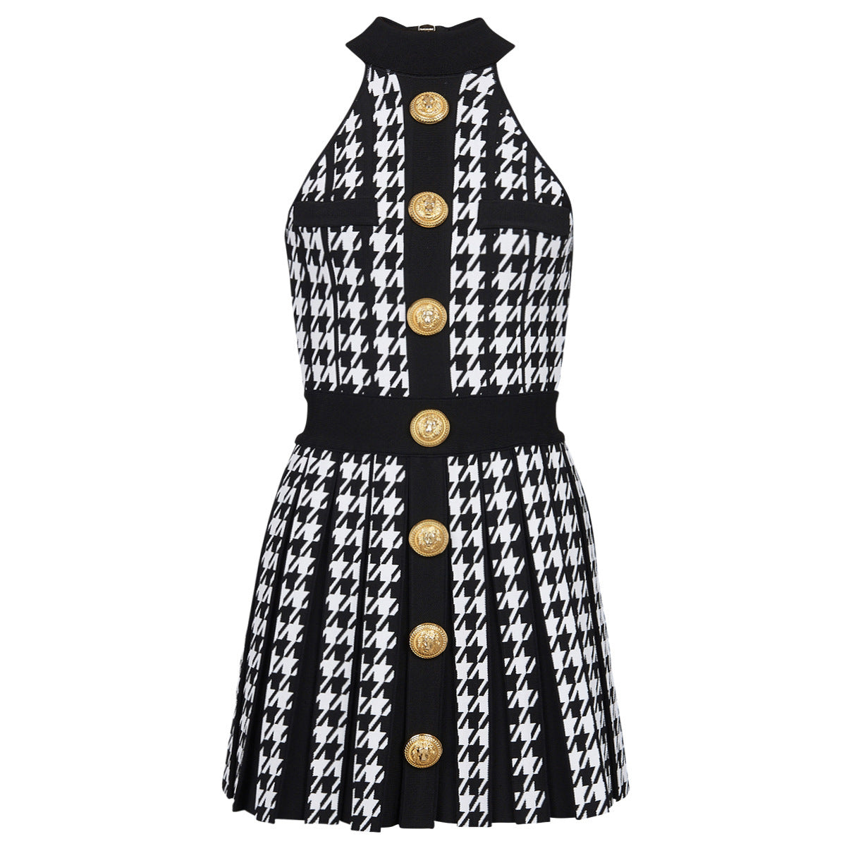 Halter Sleeveless Vest Pleated Houndstooth Short Knitted Dress