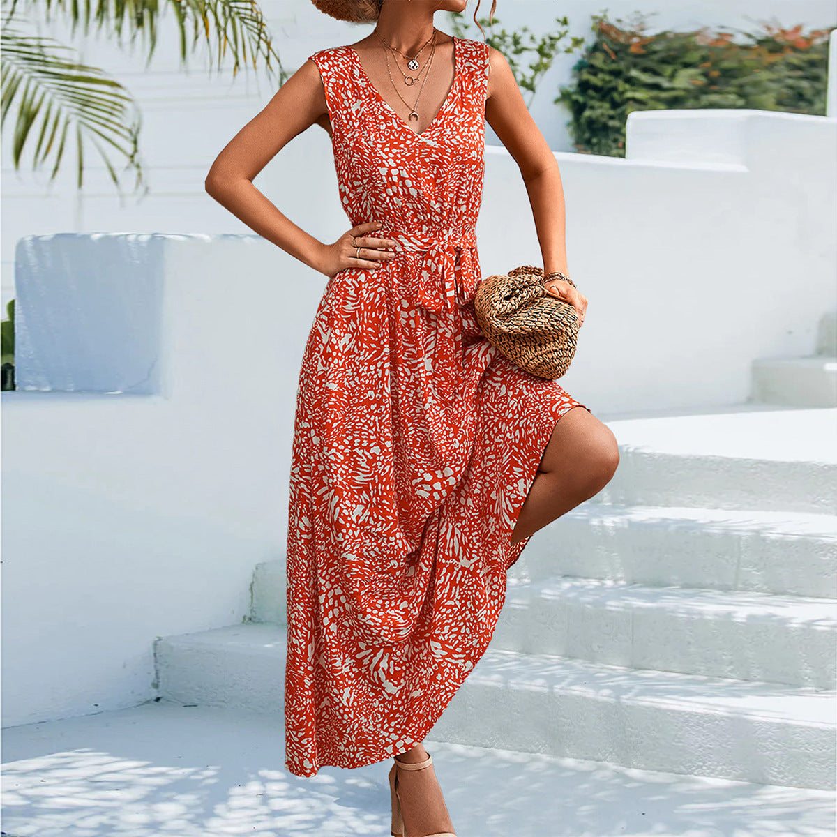 Women's Spring And Summer New Leopard Print V-neck Lace-up Long Dress