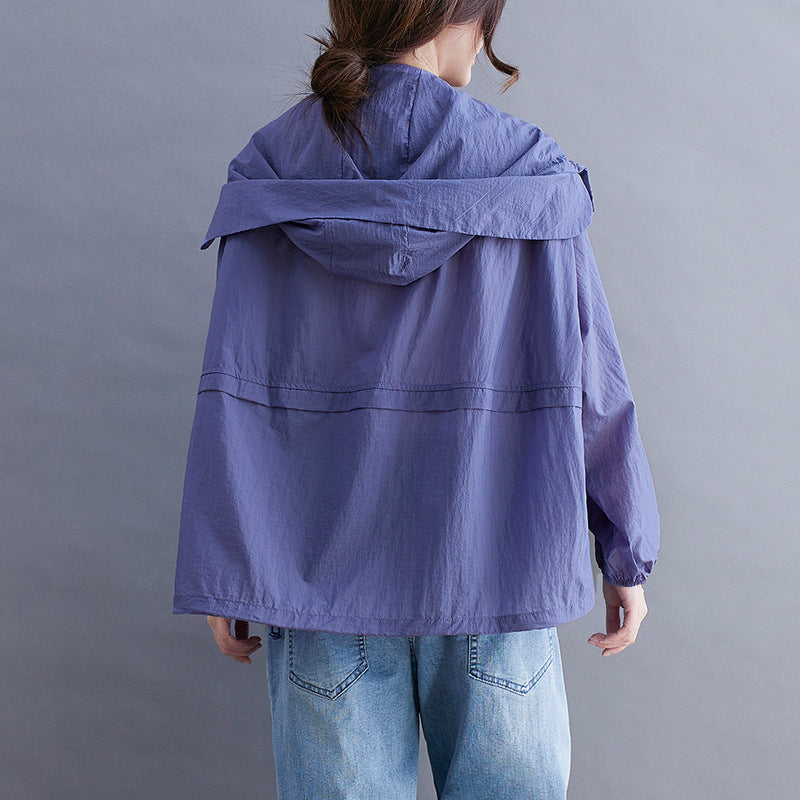 Pure Color Patch Pockets Loose Long-Sleeved Hooded Casual Thin Breathable Sun Protection Clothing