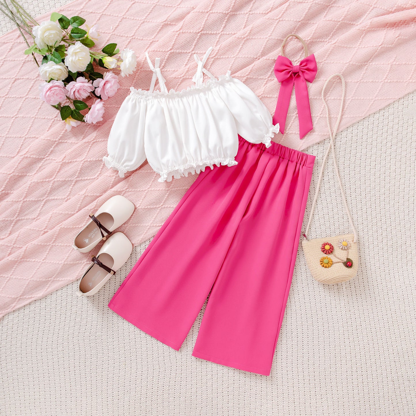 Bow Blouse With Polka Dot Rose Red Pants