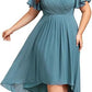 Banquet Evening Dress A- Line V-neck Chiffon Short Sleeve Knee-length Plus Size