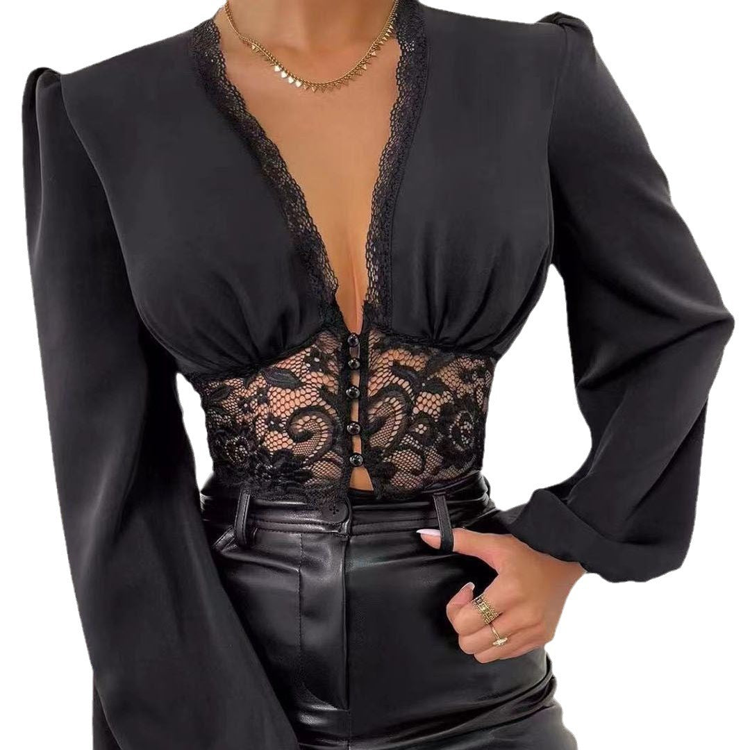 Long Sleeve Deep V-neck Lace Patchwork Top