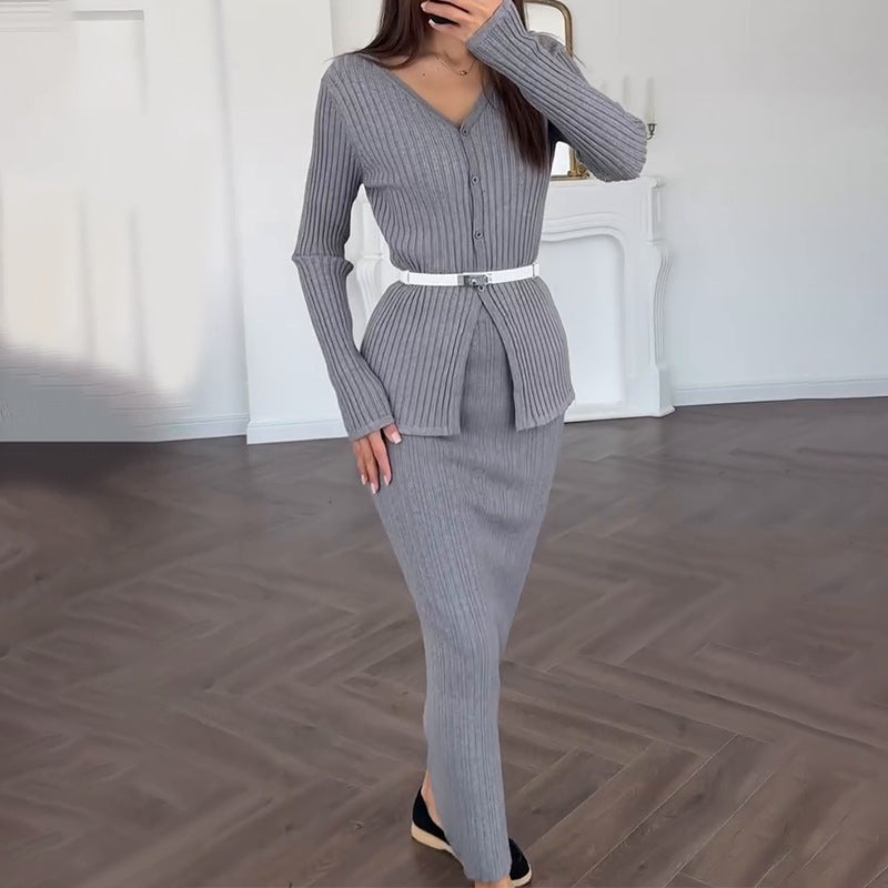 Long Sleeve Knitted Temperament High Waist Sheath Long Skirt
