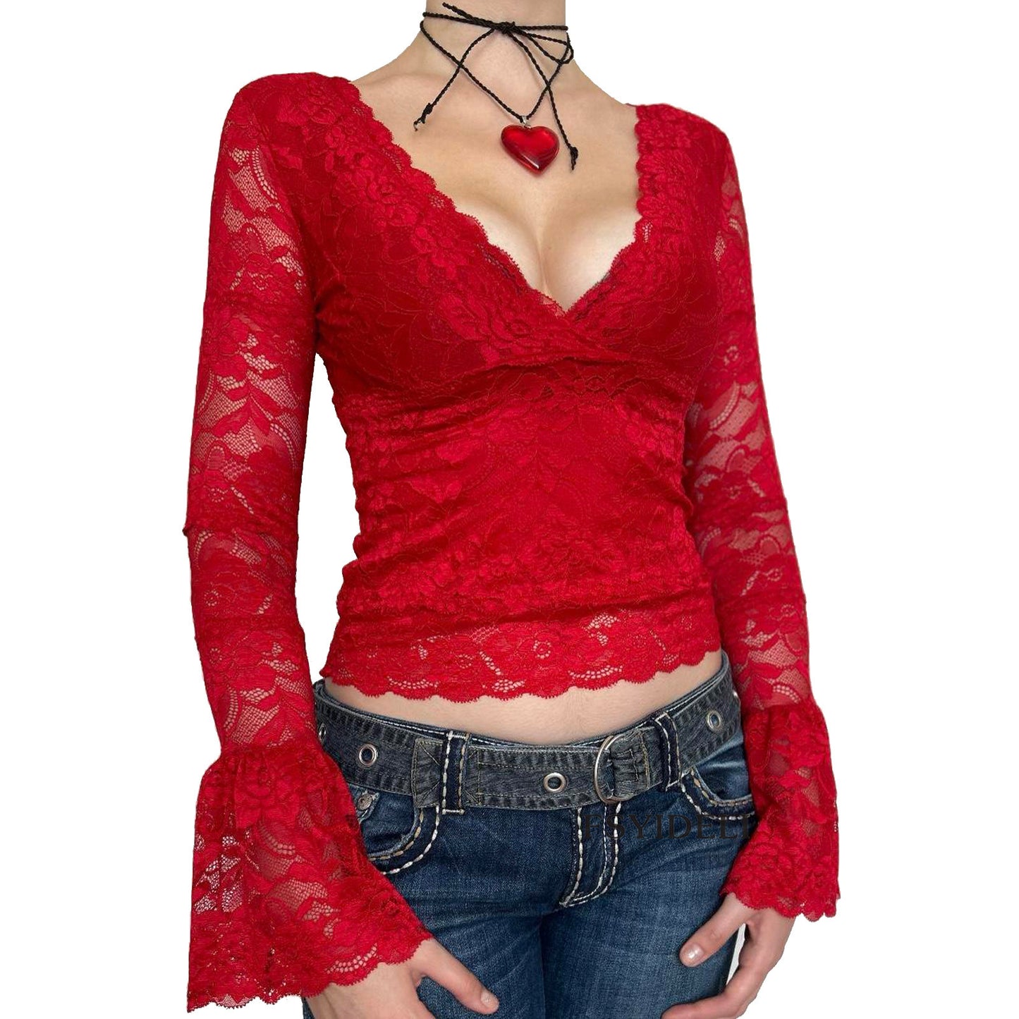 Temperament Red Lace V-neck Mesh Long-sleeved Top For Women
