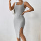 Rib Fabric Slit Solid Color Sling Slim Fit Long Dress