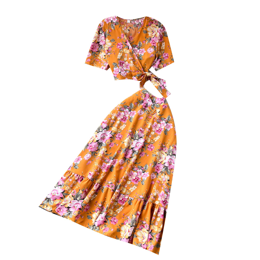 Floral Womens Cross V Neck Strap Crop Top And High Waisted Flared Skirt Two Piece Set