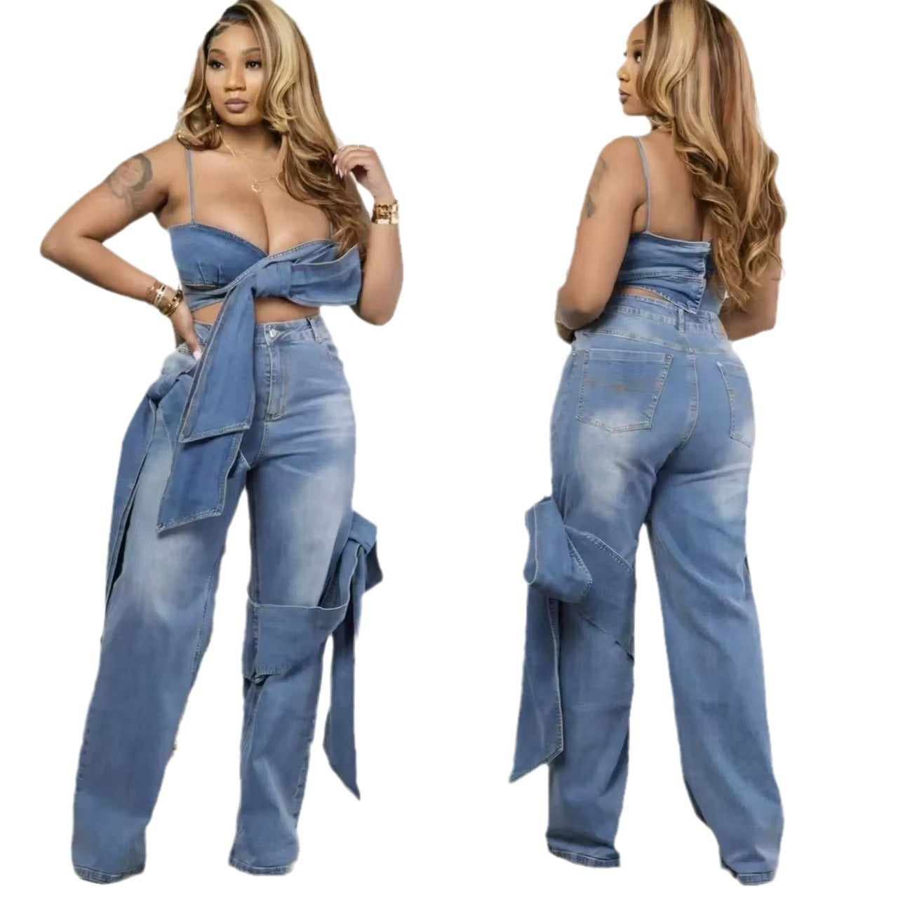 Camisole Tube Top Denim Trousers Suit