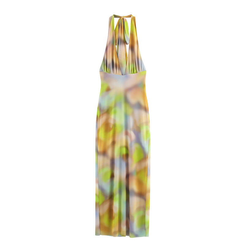 Ethnic Floral Print Silk Net Hanging Collar Dress