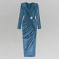Black V-collar Low-cut Slimming Niche Long Sleeve Casual Pleated Tight Beam Waist Decorations Split Long Dress