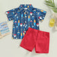 Boy Short Sleeve Printed Shirt Solid Color Shorts Casual Two-piece Suit