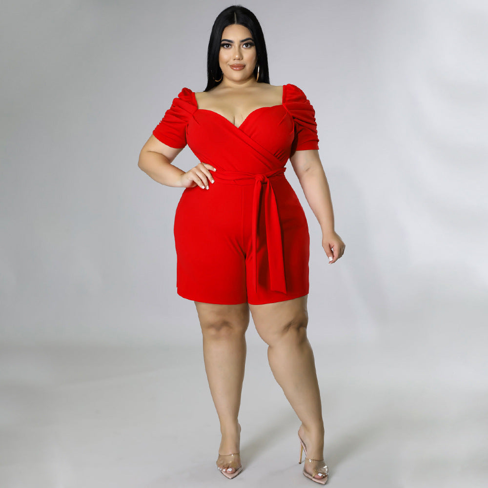 Women's Casual Fashionable And Solid-Colored Belted Jumpsuit In Plus Sizes