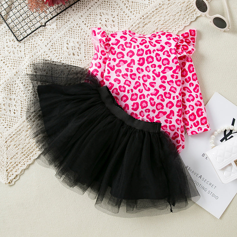 Spring And Autumn Women's Leopard Print Flounced Sleeve Mesh Princess Dress 2-piece Set