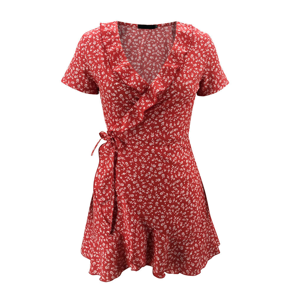 Robe trapèze slim à volants et col en V en dentelle pour l'été, style européen et américain