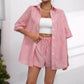 Womens Fashion Lapel-Neck Striped Short-Sleeve Shorts Set
