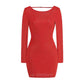 Round Neck Backless Rhinestone Long Sleeve Hip Skirt
