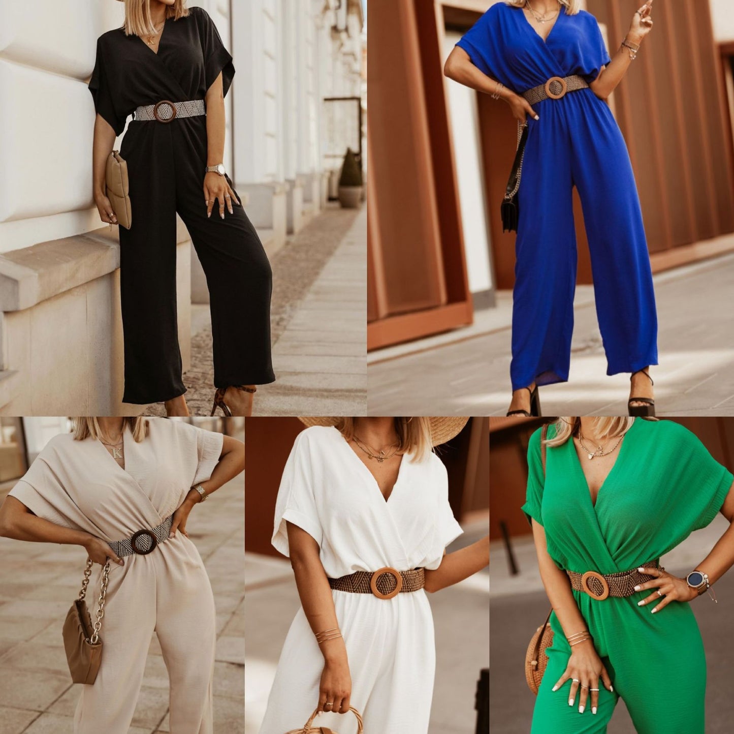 Combinaison ample à manches courtes et jambes larges avec ceinture nouée