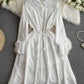 Waist-tight Slimming Lantern Sleeves Shirt Midi Dress