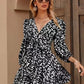 New Floral Tie-waist Puff-sleeve High-waist Flared Dress