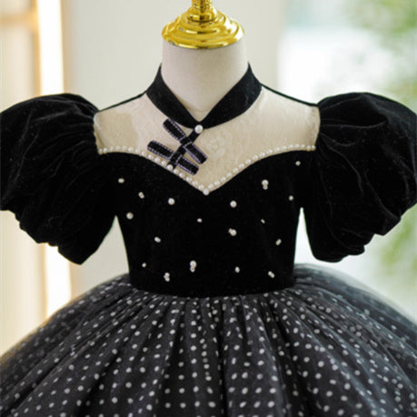Girl's Flounced Sleeve Dot Mesh Princess Dress