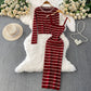 Elegant Striped Slip Dress And Knitted Cardigan Set